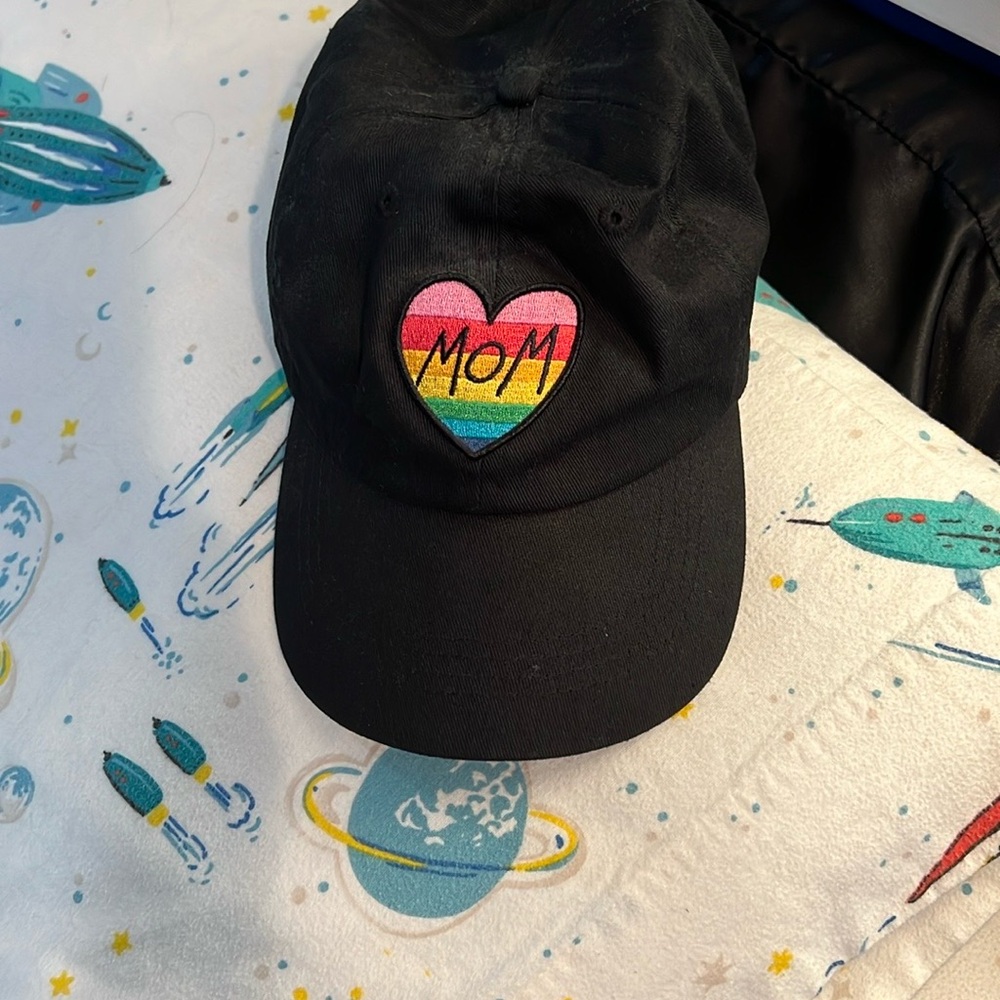 Black Cap with Rainbow Heart Design